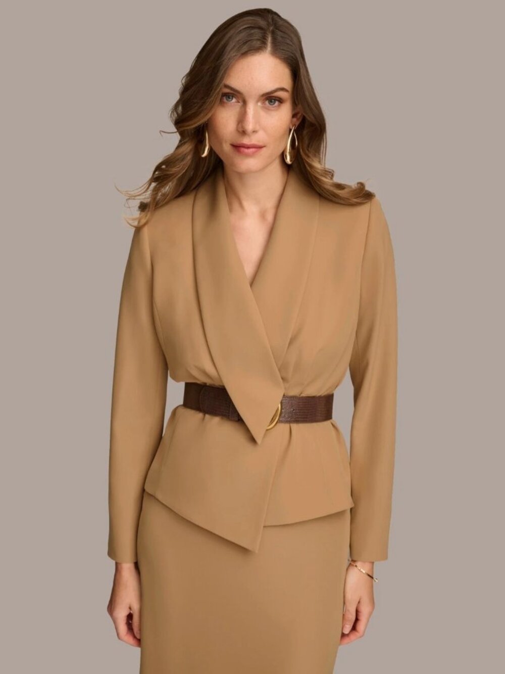 Donna Karan New York Women's Belted Blazer in Tan Asymmetrical Jacket, Size 14